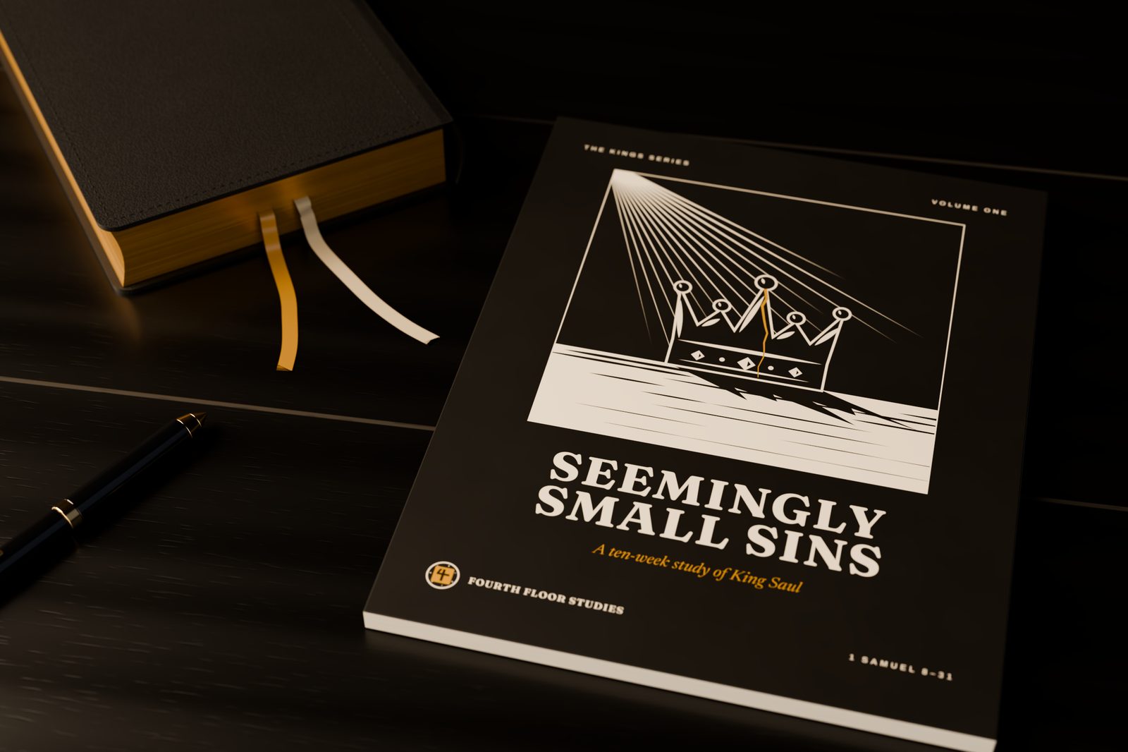 The Seemingly Small Sins journal on a dark desk beside a leather Bible and pen
