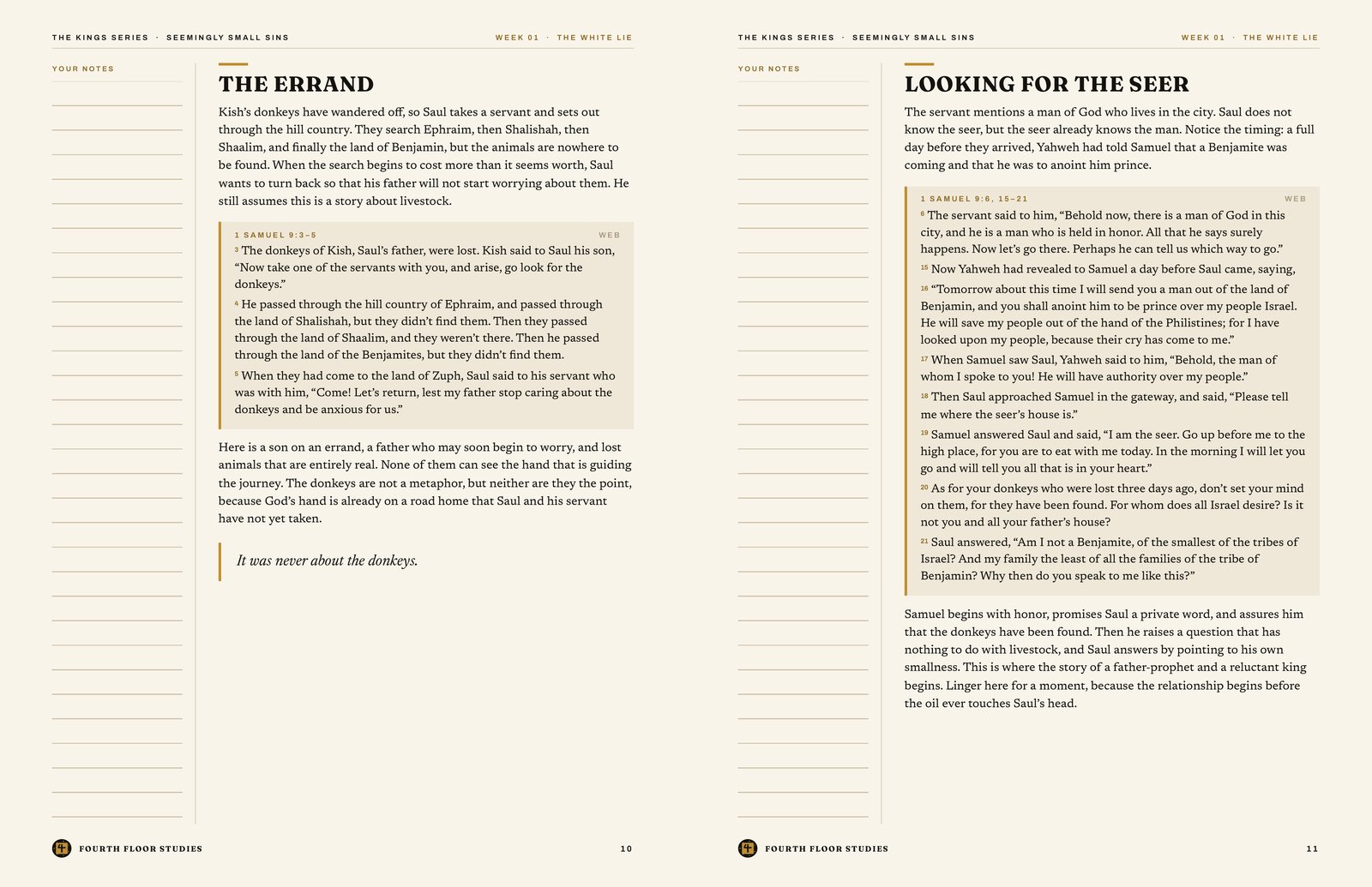 Interior spread from Week 1, The White Lie: teaching pages with full 1 Samuel 9 text boxes and a notes column